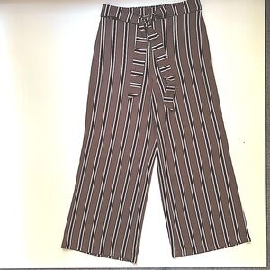 mine high waisted mocha and wine striped wide leg pants tie waist elastic back L